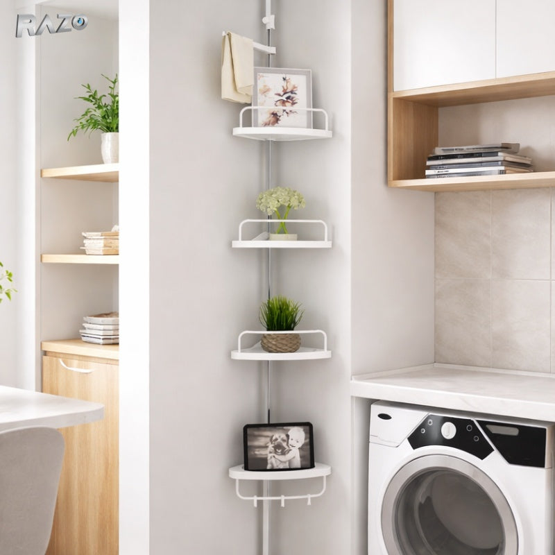 Raft extensibil baie RAZO cu 4 etajere si 3 carlige, reglabil intre 100–260 cm, suport de colt fara gaurire, montaj prin presiune, rezistent la umiditate, alb
