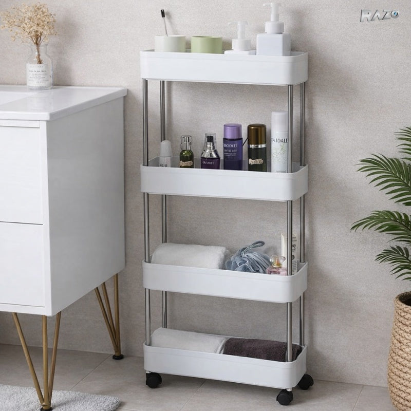 Raft mobil de depozitare RAZO ingust cu 4 niveluri, dimensiuni 80x39x12,5 cm, din polipropilena rezistenta, organizator compact pentru spatii restranse in baie, bucatarie sau langa frigider, alb