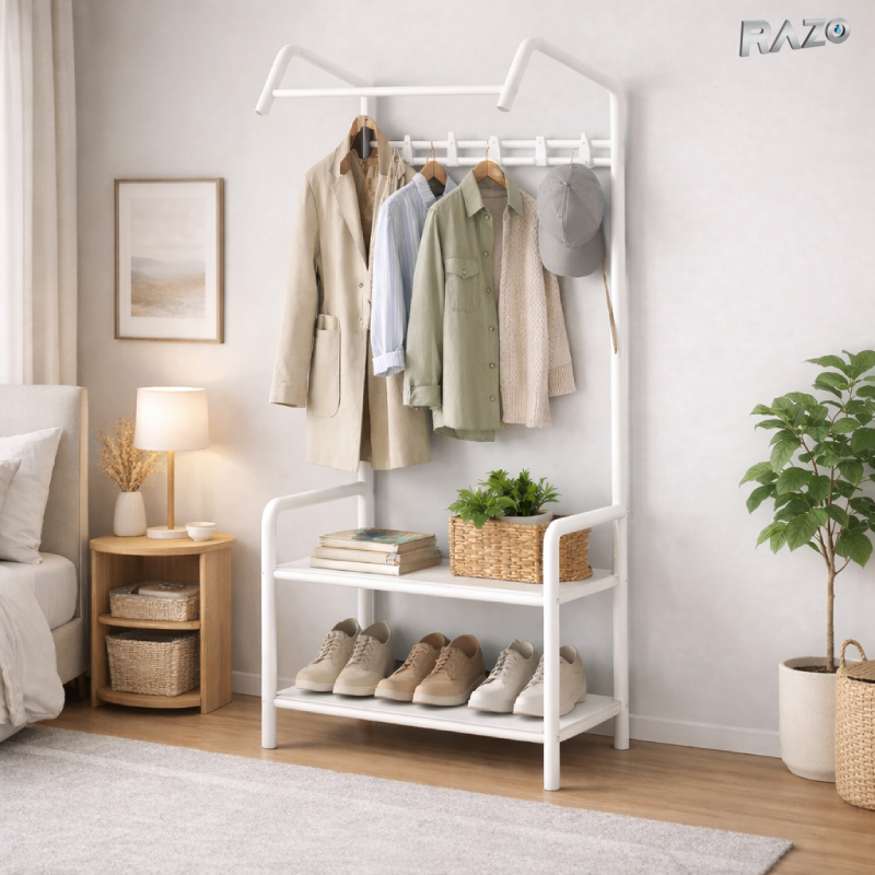 Raft 2 in 1 RAZO pentru haine si pantofi, suport metalic pliabil cu bara pentru umerase si polita pentru pantofi, dimensiuni 166x60x32 cm, alb
