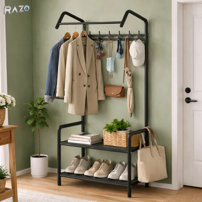 Raft 2 in 1 RAZO pentru haine si pantofi, suport metalic pliabil cu bara pentru umerase si polita pentru pantofi, dimensiuni 166x60x32 cm, negru