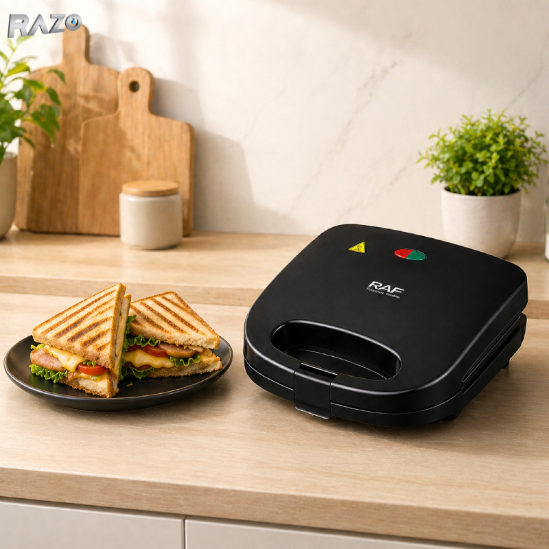 Sandwich maker 750W RAZO, Placi antiaderente, Gatire rapida, Uniforma, Incalzire dubla, Control termostatic, Design compact, Maner termoizolat, Sistem siguranta