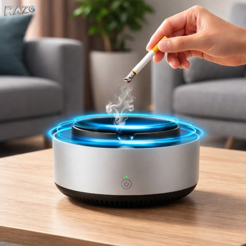 Scrumiera electrica RAZO cu aspiratie directa si absorbtie automata a fumului, neutralizare mirosuri, design compact, gri