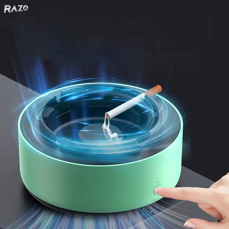 Scrumiera electrica RAZO cu aspiratie directa si absorbtie automata a fumului, neutralizare mirosuri, design compact, verde