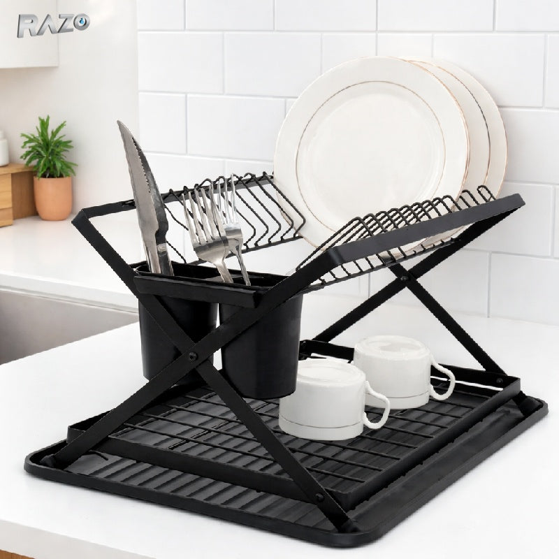 Scurgator de vase RAZO cu 2 nivele din metal si plastic, sistem de drenare reglabil direct in chiuveta, pliabil, suport pentru tacamuri detasabil, dimensiuni 42x30x29.5 cm, negru
