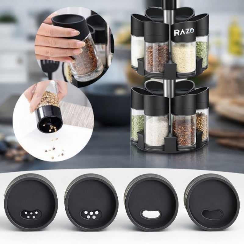Set 12 recipiente condimente RAZO, Suport rotativ 360°, Organizator bucatarie pe 2 niveluri, Capace dozare dubla, Design compact cu maner, Negru