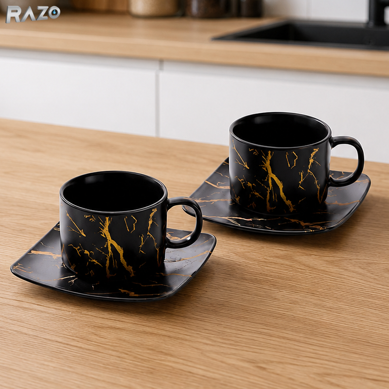 Set 2 cesti cu 2 farfurii din portelan RAZO, 180 ml, Design elegant, Set premium, Servire rafinat, Negru marmorat