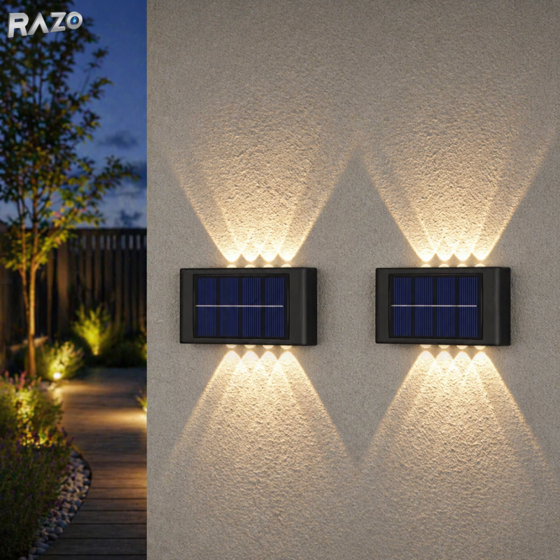 Set 2 lampi solare LED de perete cu iluminare dubla RAZO, Senzor zi-noapte, Iluminare sus-jos, Efect decorativ modern, Alimentare solara fara cabluri, Pornire automata, Design compact, Rezistent la apa