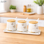 Set 3 recipiente condimente portelan Lifetree RAZO, Capace bambus, Lingurite, Tava suport, Design lifetree, Elegante