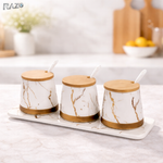 Set 3 recipiente condimente portelan Marble RAZO, Capace bambus, Lingurite, Tava suport, Design marble, Elegante
