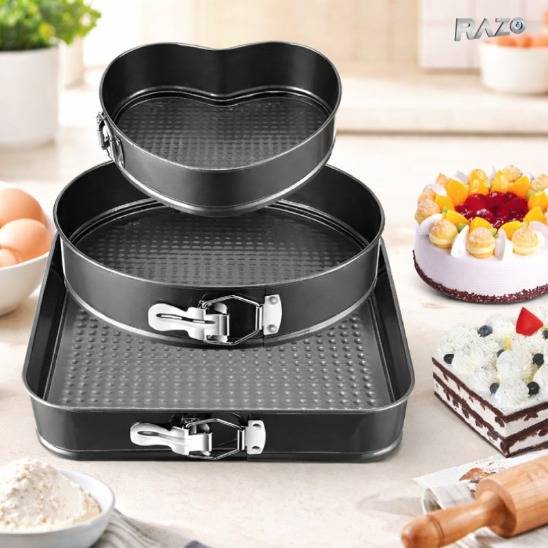 Set 3 tavi RAZO pentru prajituri si torturi cu fund detasabil, forme rotunda 26 cm, patrata 28 cm si inima 24 cm, din metal antiaderent, pentru coacere uniforma
