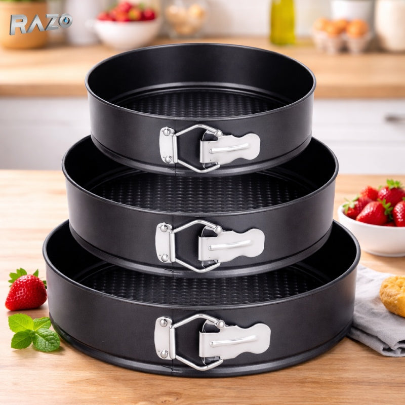 Set 3 tavi rotunde RAZO detasabile, dimensiuni 24/26/28 cm, din otel-carbon cu strat antiaderent, forma cu baza separata si inchidere cu arc, pentru coacere uniforma