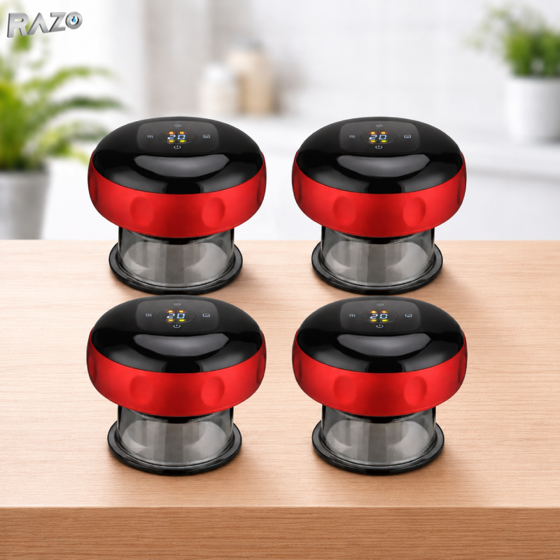 Set 4 aparate electrice de masaj anticelulitic RAZO tip ventuza, Incalzire 38–50°C, 2 nivele putere, Incarcare Type-C, Ecran tactil