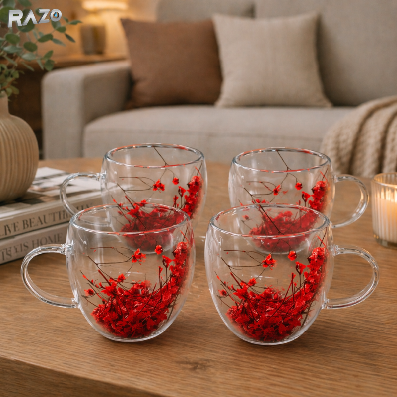 Set 4 cani sticla pereti dubli Red 250 ml RAZO, Flori uscate naturale, Design elegant decorativ, Flori rosii