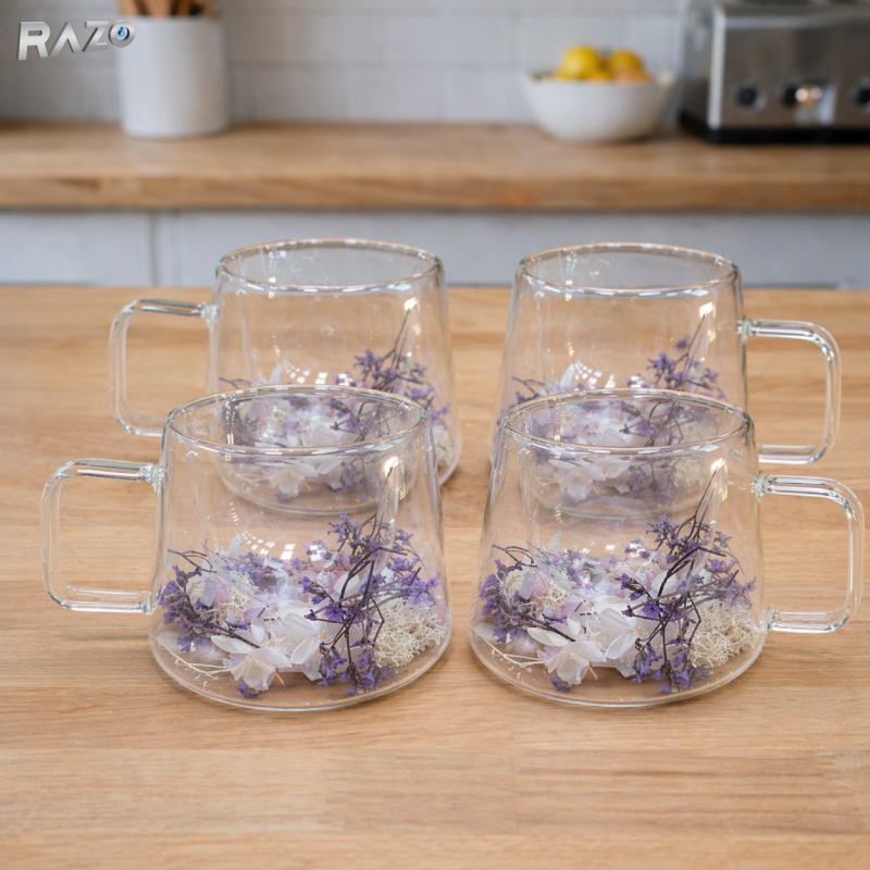 Set 4 cani sticla pereti dubli Violet 250 ml RAZO, Flori uscate naturale, Design elegant decorativ, Flori violete, albe