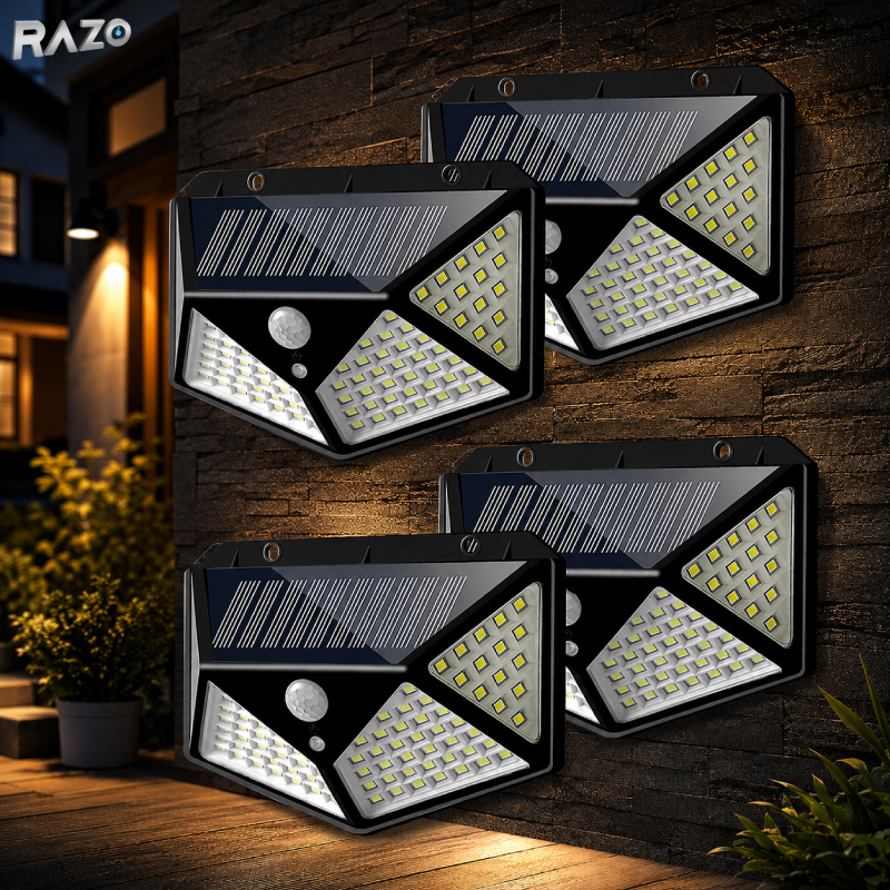 Set 4 lampi solare LED exterior RAZO, Senzor de miscare, 100 LED, IP65, Iluminare reglabila