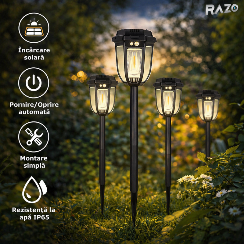 Set 4 lampi solare RAZO cu senzor de miscare, LED 1200lm, Rezistente la apa, 3 moduri iluminare, Exterior, 50x12x12 cm