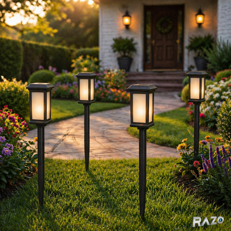 Set 4 lampi solare gradina RAZO, Incarcare automata, LED, Lumina calda, Iluminat exterior elegant, 55x8x8 cm