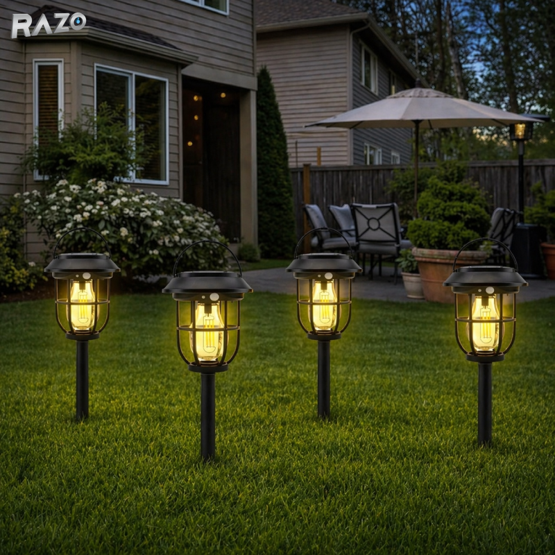 Set 4 lampi solare gradina cu incarcare automata RAZO, Rezistente exterior, LED, Iluminat ambiental exterior, 14,5x12,9x14,1 cm