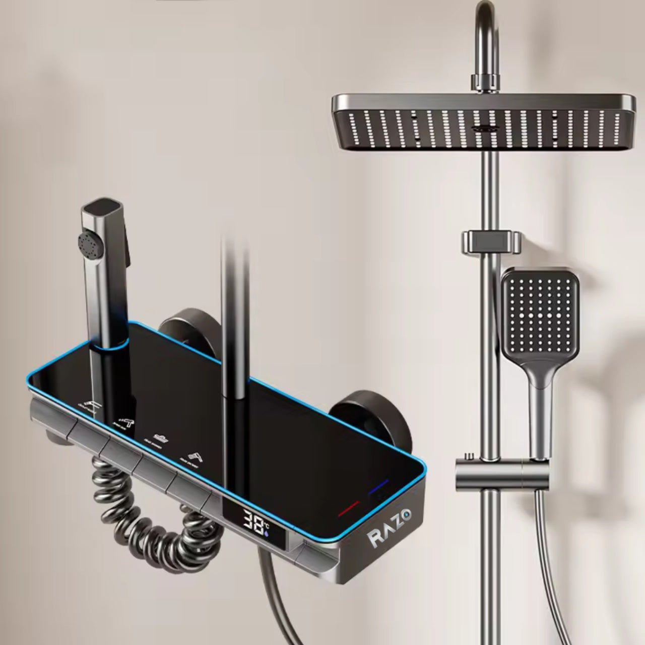 Set coloana de dus RAZO cu afisaj LED, butoane tip piano, 4 functii de pulverizare, rotire 360° si robinet ascuns, finisaj gri negru gunmetal