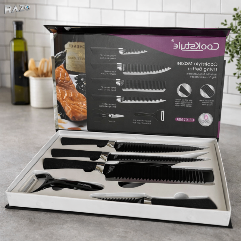 Set RAZO 6 piese premium, Oțel inoxidabil, 4 Cutite, Decojitor eficient, Foarfeca multifunctionala, Maner ergonomic anti-alunecare, Design ergonomic
