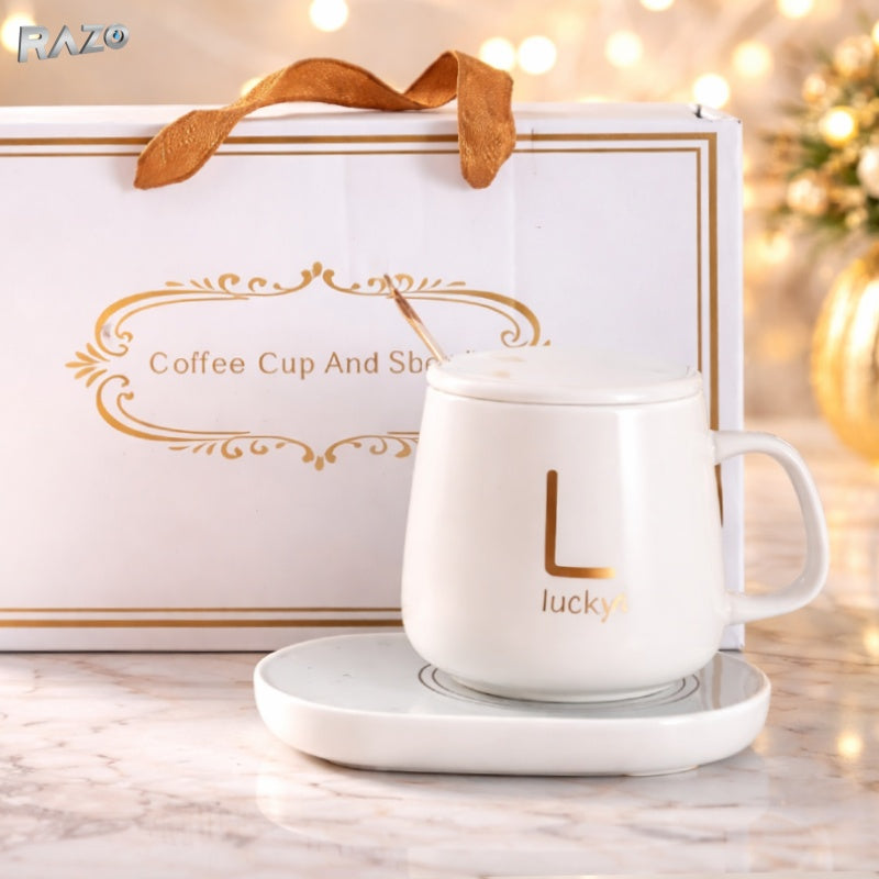 Set cana RAZO cu incalzire electrica 250 ml, suport pentru mentinerea temperaturii, capac si lingurita incluse, cana ceramica pentru cafea si ceai, alb