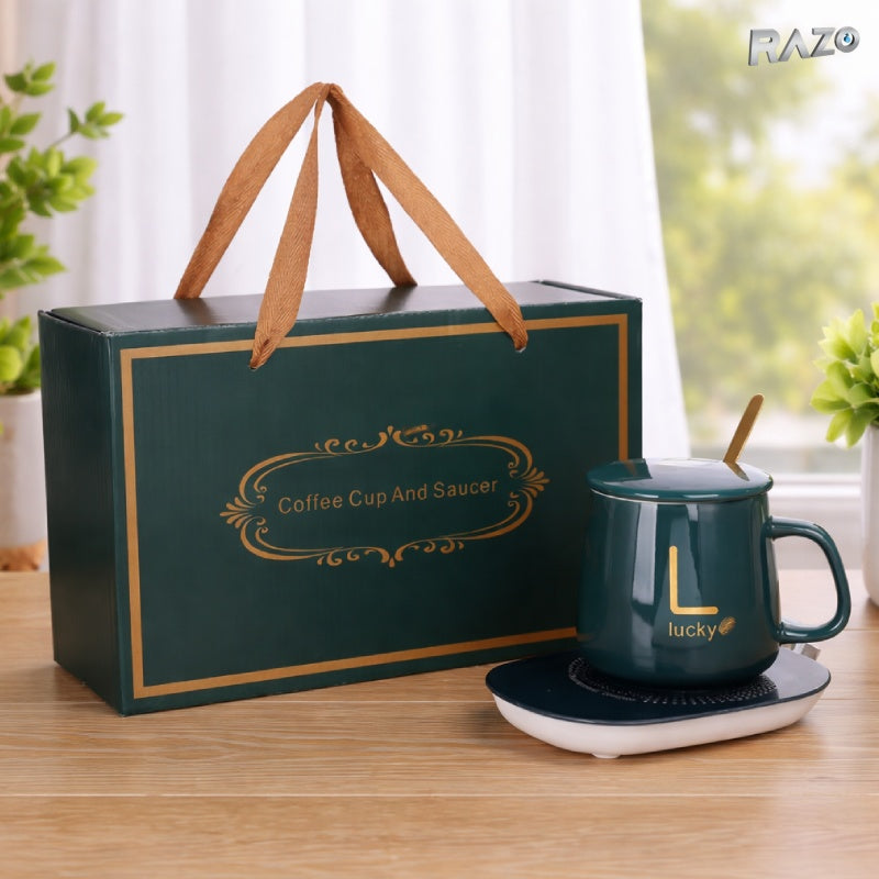 Set cana RAZO cu incalzire electrica 250 ml, suport pentru mentinerea temperaturii, capac si lingurita incluse, cana ceramica pentru cafea si ceai, verde