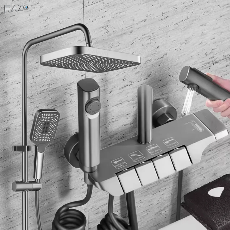 Set coloana de dus premium RAZO cu comenzi tip piano, 4 moduri de pulverizare, rotatie 360°, tehnologie de pulverizare cu aer, para de dus si robinet ascuns, finisaj gri

