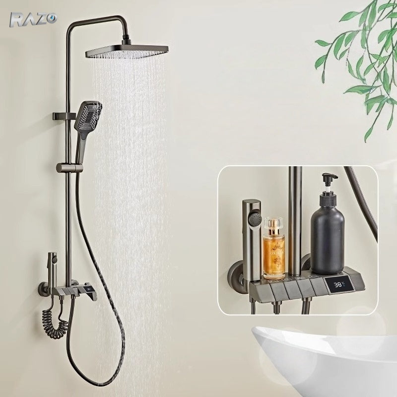Set dus RAZO cu coloana si baterie termostat, para dreptunghiulara si dus de mana, 4 functii de apa, afisaj LED pentru temperatura, injectare aer pentru economie, rotire 360°, finisaj gri-maroniu mat
