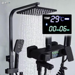 Set dus premium negru afisaj digital RAZO, 4 functii, LED, Para dus si cap tip ploaie, Control temperatura, Negru