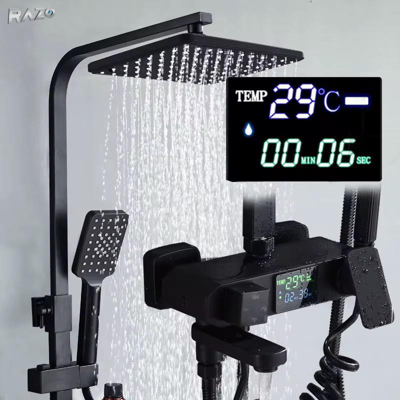 Set dus premium negru afisaj digital RAZO, 4 functii, LED, Para dus si cap tip ploaie, Control temperatura, Negru