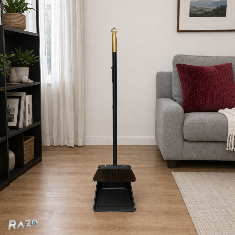 Set matura si faras cu maner lung RAZO, Metal rezistent, Design modern, pentru curatenie eficienta, Negru