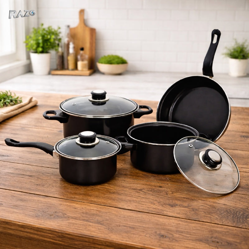 Set mini oale si tigai RAZO 13 piese, antiaderente, cu capace din sticla termorezistenta si manere ergonomice, compatibile cu toate tipurile de plite si cuptor, negru
