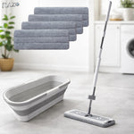 Set mop plat RAZO cu galeata pliabila 8L, roti pentru transport, sistem de stoarcere eficient, 4 lavete din microfibra reutilizabile incluse, design compact