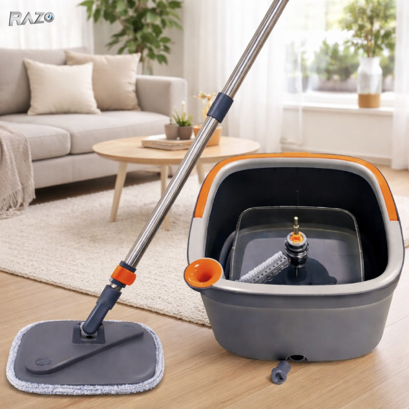 Set mop profesional RAZO 360° cu galeata dubla, sistem centrifug inovator, separare eficienta apa curata si murdara, 4 capete din microfibra, stoarcere automata fara efort, design compact si durabil
