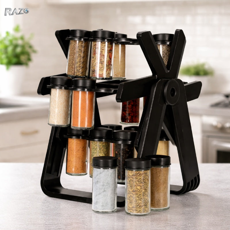 Set organizator rotativ condimente RAZO, 18 recipiente din sticla, Capace filetate, Suport stabil, Design modern, Depozitare eleganta, Negru mat