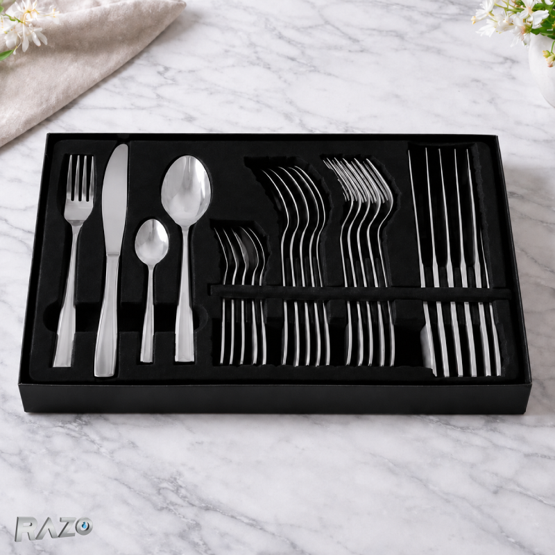 Set tacamuri 24 piese inox premium RAZO, Design elegant, pentru masa zilnica si festiva, Argintiu