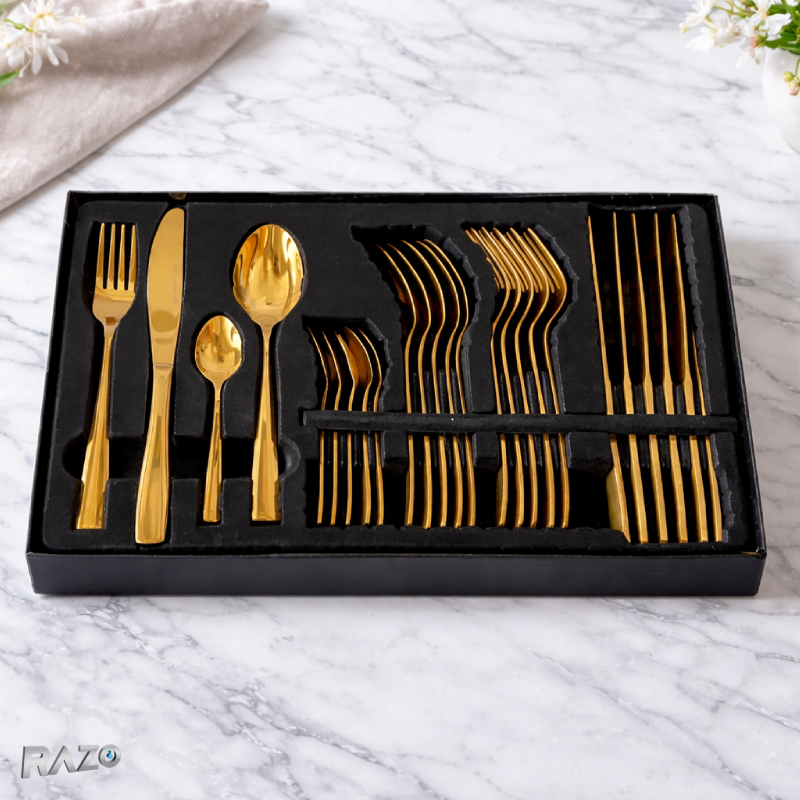 Set tacamuri 24 piese inox premium RAZO, Design elegant, pentru masa zilnica si festiva, Auriu