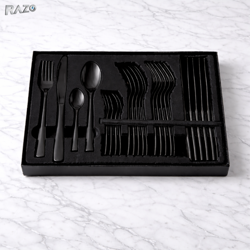 Set tacamuri 24 piese inox premium RAZO, Design elegant, pentru masa zilnica si festiva, Negru