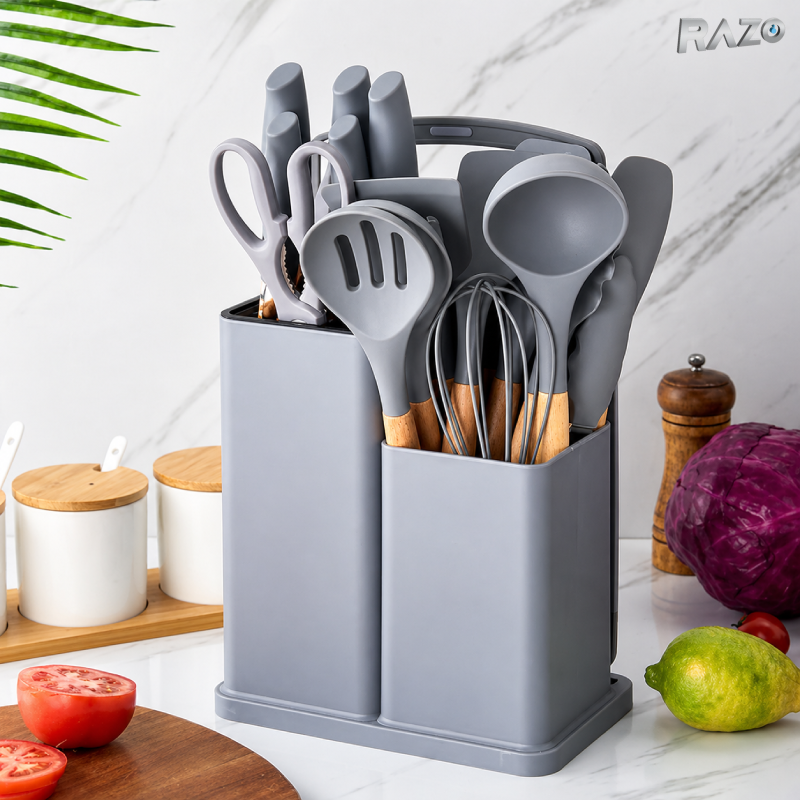 Set ustensile bucatarie din silicon RAZO, Suport depozitare, Rezistente la caldura, Accesorii complete, Design ergonomic, Usor de curatat, Gri