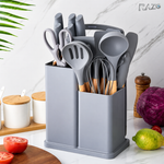 Set ustensile bucatarie din silicon RAZO, Suport depozitare, Rezistente la caldura, Accesorii complete, Design ergonomic, Usor de curatat, Gri