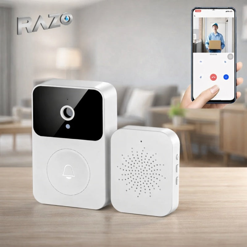 Sonerie video RAZO cu camera de supraveghere WiFi, fara fir, night vision, audio bidirectional si voice changer, control prin aplicatie Android/iOS, unitate DingDong inclusa, alb
