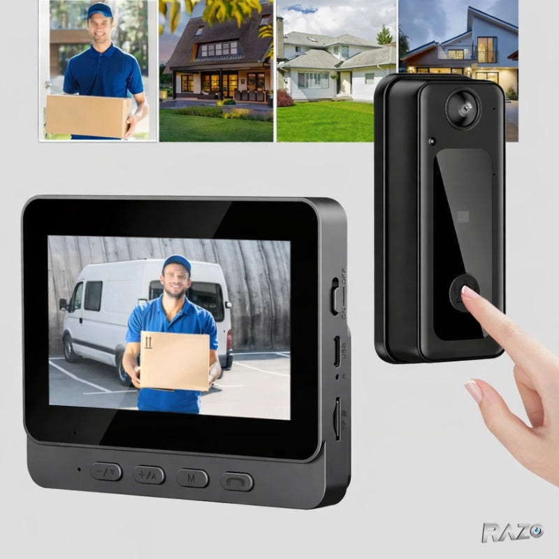 Sonerie video wireless RAZO cu sistem interfon si camera HD, ecran LCD 4.3 inch, night vision IR, senzor de miscare, notificari pe smartphone prin WiFi, stocare cloud si MicroSD, negru
