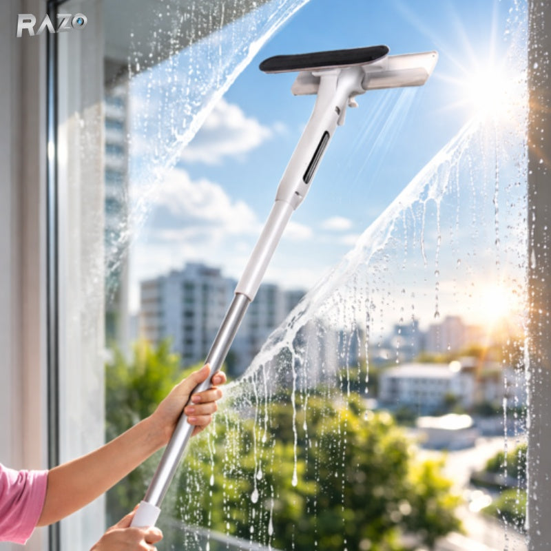 Stergator de geamuri 2 in 1 RAZO cu pulverizator si colector automat de apa, maner din aluminiu de 110 cm, pentru curatare fara urme
