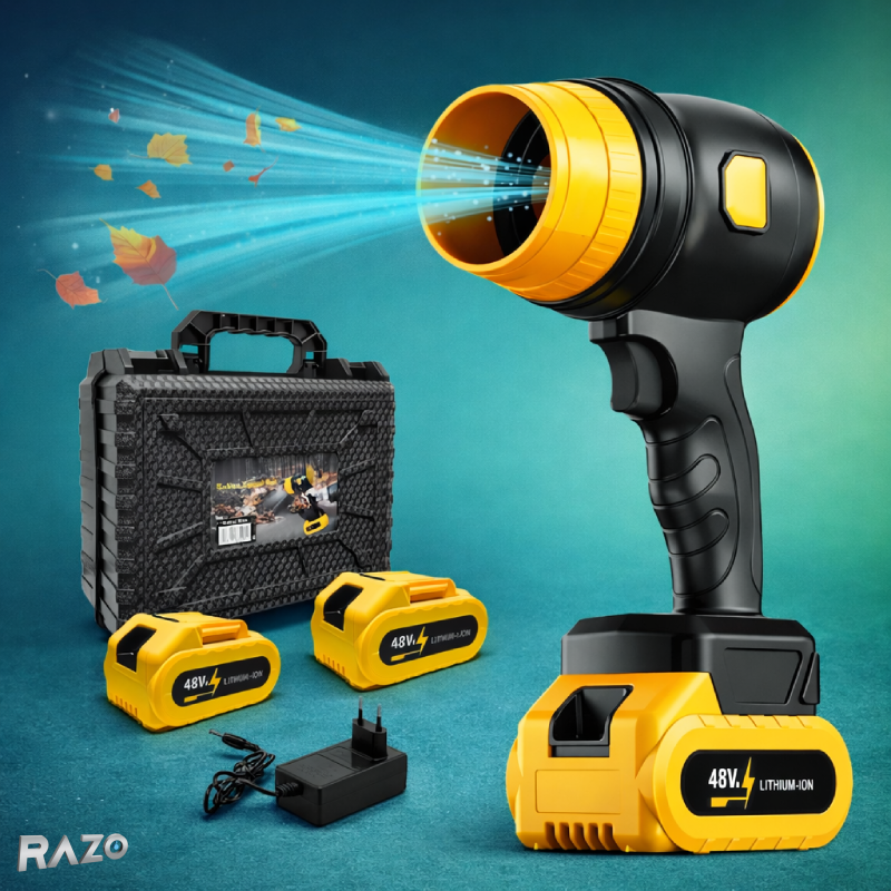 Suflanta portabila cu 2 acumulatori RAZO, Wireless, Incarcator, Geanta transport, Motor puternic, Multifunctionala