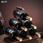 Suport pentru 6 sticle de vin RAZO, design modern cu maner pentru transport, raft de depozitare din lemn natural si otel, dimensiuni 30x16.5x33 cm
