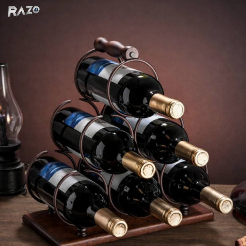 Suport pentru 6 sticle de vin RAZO, design modern cu maner pentru transport, raft de depozitare din lemn natural si otel, dimensiuni 30x16.5x33 cm
