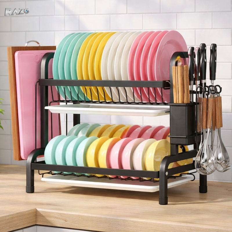 Suport de bucatarie RAZO din otel inoxidabil cu 2 niveluri, pentru vase, farfurii, ustensile, tocator si tacamuri, dimensiuni 40x25x40 cm, negru