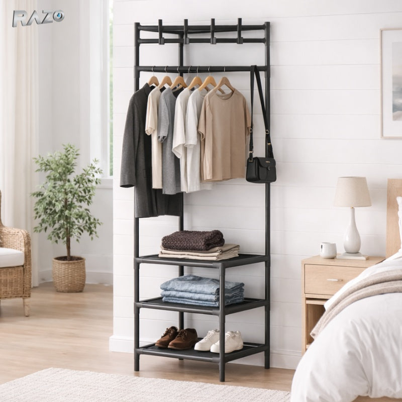 Suport de colt RAZO tip cuier pentru haine, cu rafturi si 4 carlige duble, organizator metalic in forma L pentru hol sau dormitor, dimensiuni 40x40x185/188 cm, negru
