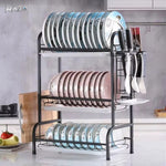 Suport de vase RAZO cu 3 niveluri din otel inoxidabil, cu suport pentru tacamuri si tocator, tava de scurgere inclusa, dimensiuni 40x25x60 cm, negru mat
