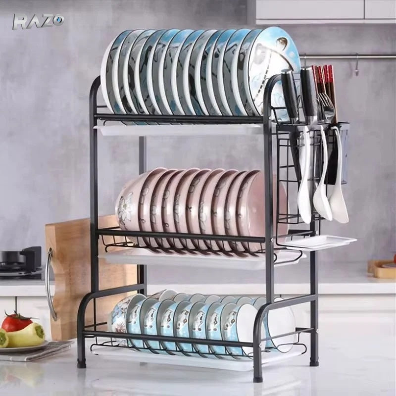 Suport de vase RAZO cu 3 niveluri din otel inoxidabil, cu suport pentru tacamuri si tocator, tava de scurgere inclusa, dimensiuni 40x25x60 cm, negru mat
